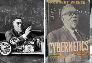 Norbert Wiener, 1948<br/>
<h3>CYBERNETICS: <br/>or CONTROL<br/> and COMMUNICATION<br/> in the ANIMAL<br/> and the MACHINE</h3>written by Norbert Wiener and published in 1948. It is the first public usage of the term "cybernetics" to refer to self-regulating mechanisms. The book laid the theoretical foundation for servomechanisms (whether electrical, mechanical or hydraulic), automatic navigation, analog computing, and reliable communications.<br/><br>
<a href="http://en.wikipedia.org/wiki/Cybernetics:_Or_Control_and_Communication_in_the_Animal_and_the_Machine">source wikipedia</a>